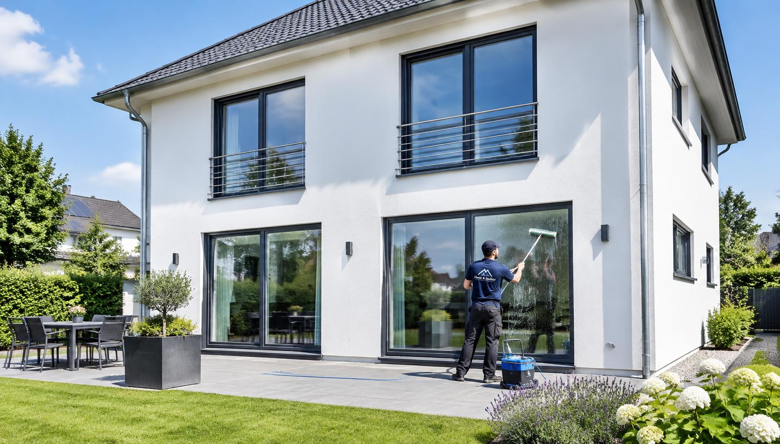 Frisch gestrichenes Haus mit Fensterreinigung